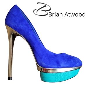 B Brian Atwood Women Fontanne stiletto platform Heel blue suede teal snakeskin 7